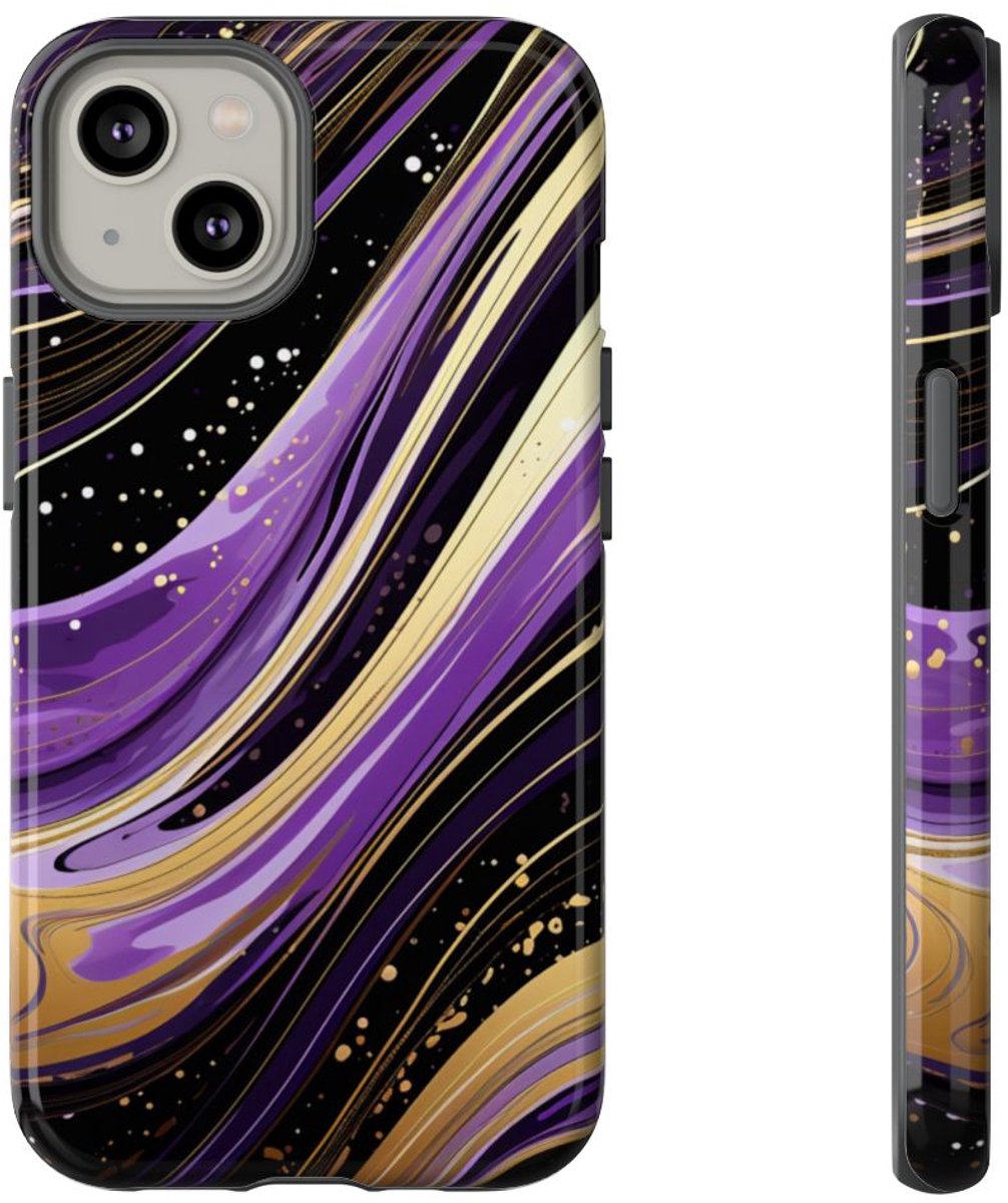 Paarse en Gouden Abstracte Krullen – Telefoonhoesje Geschikt voor iPhone 14