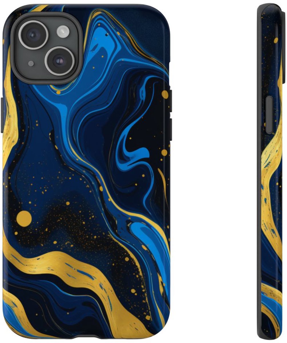 Neonblauw en Goud Marmer Abstract – Telefoonhoesje Geschikt voor iPhone 15 Plus