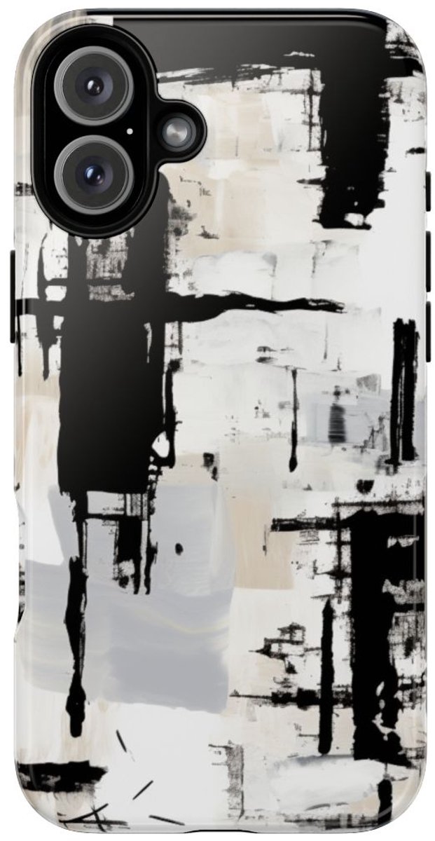 Monochrome Abstracte Penseelstreken – Telefoonhoesje Geschikt voor iPhone 16 Plus