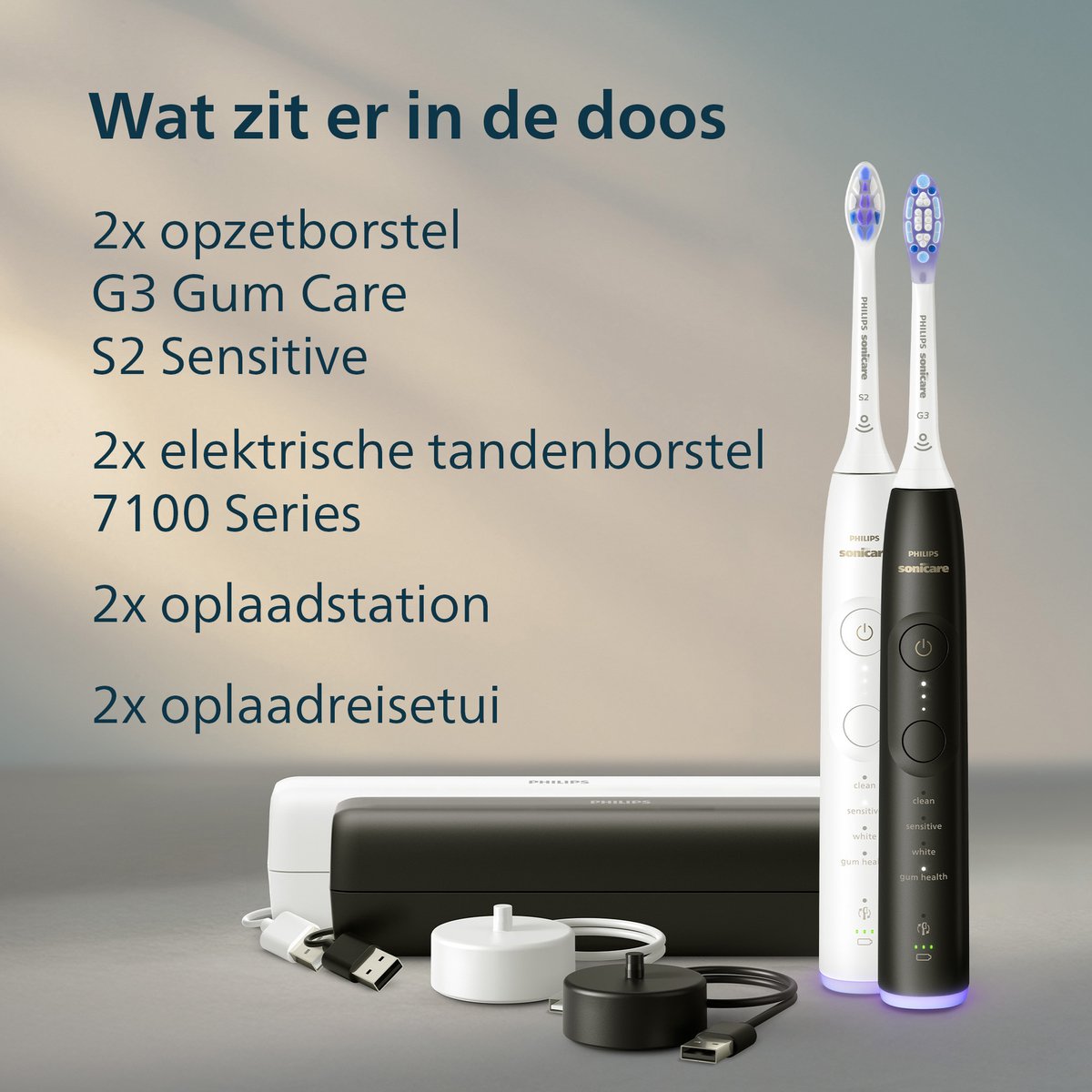 Philips Sonicare 7100 Series - Elektrische Tandenborstels - Wit & Zwart - Duopack – Reisetui - Gezonder tandvlees - HX7429/02 thumbnail 4