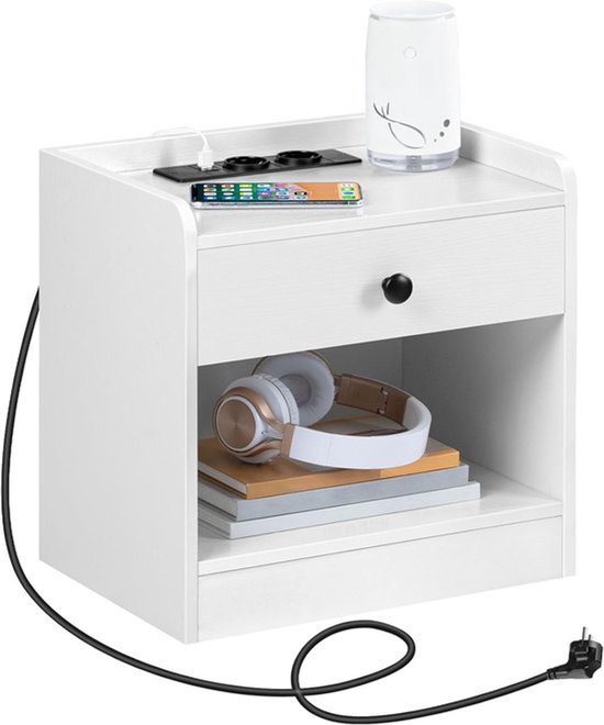 Bijzettafel, nachtkastje met stopcontact, smal, met USB poorten, tas, voor woonkamer, slaapkamer