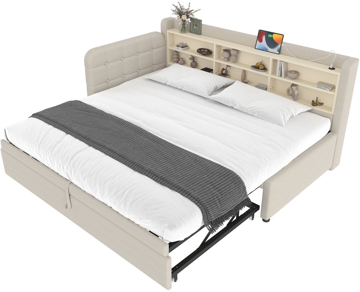 Merax Daybed 90×200 cm – Uitklapbaar Slaapbank en Logeerbed 180×200 cm – Multifunctioneel Sofa Bed – USB en Type-C Oplaadpunt – Hoofdbord met Opbergruimte – Beige – Zonder Matras
