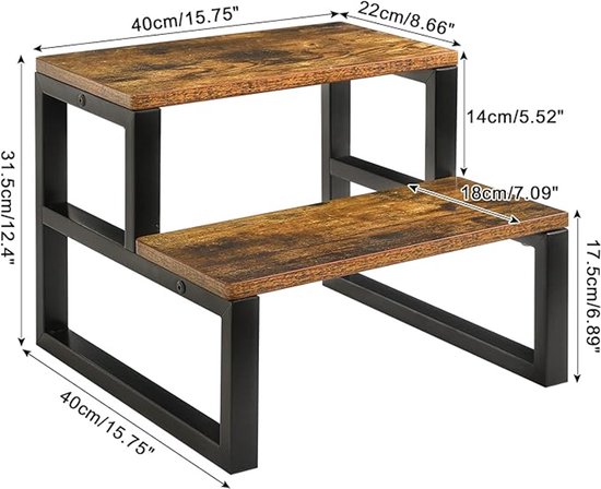 Luxaliving Opstapkruk 2 Treden - Keukentrapje Metaal & Hout - Industrieel Bruin/Zwart - Trapkruk voor Keuken & Badkamer van Merkloos — afbeelding 5