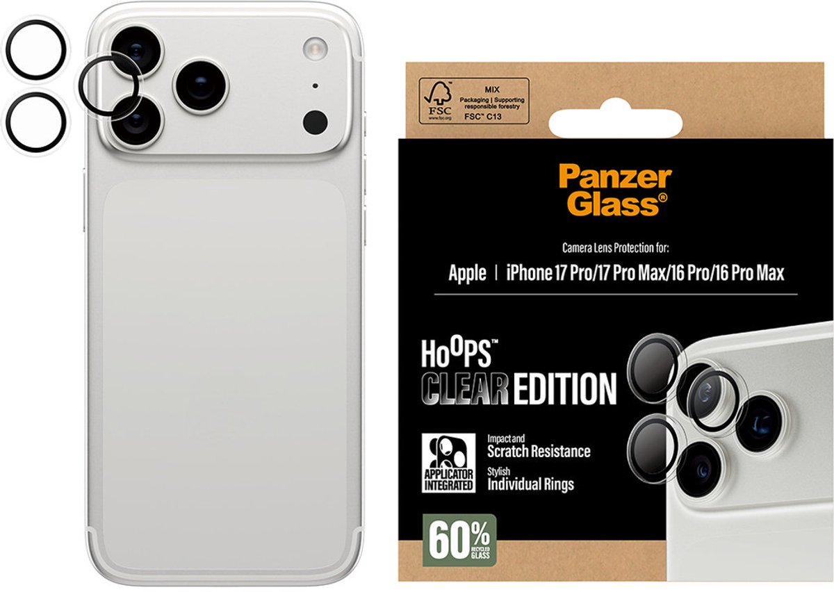 PanzerGlass Screenprotector geschikt voor Apple iPhone 17 Pro Max Glazen | PanzerGlass Hoops Camera Lens Protector - Case Friendly