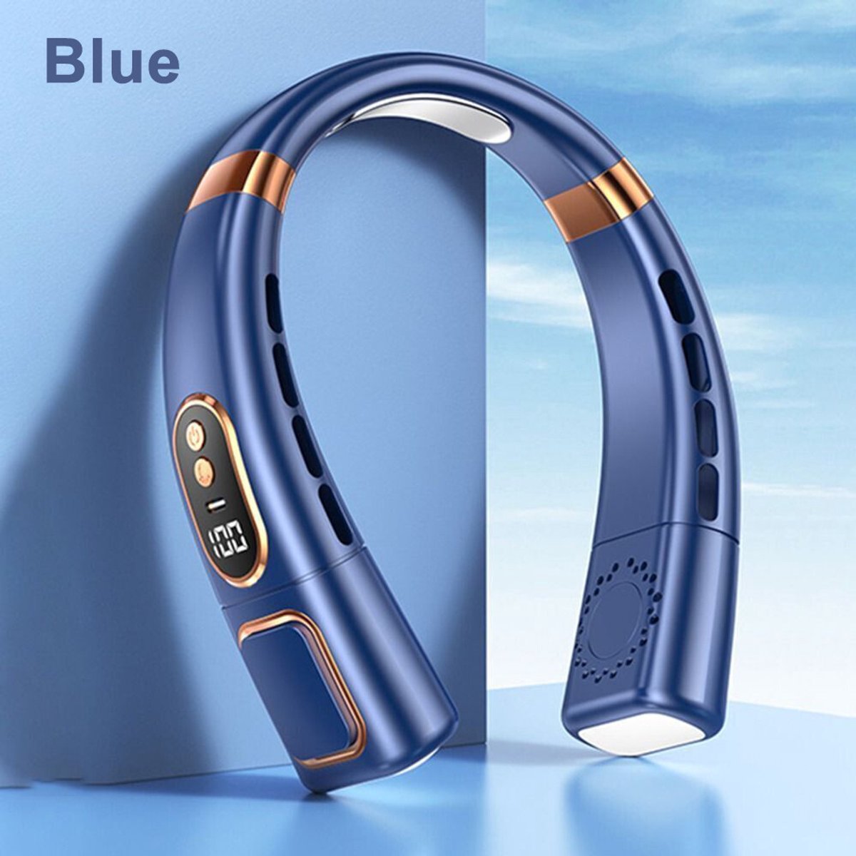 Hangende koeler met LED-licht nekventilator, nekband digitaal display, blauw