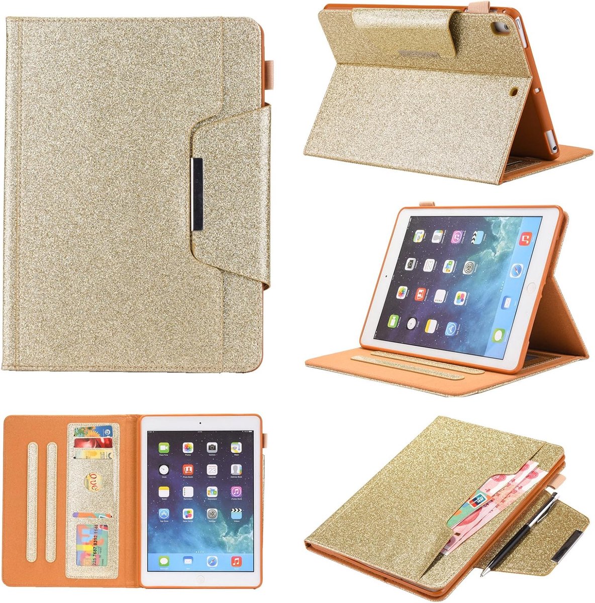 IPAD AIR tablet-beschermhoes -kaartenvak en hardware-gesp -premium multi-hoek standaard - goud met glitter