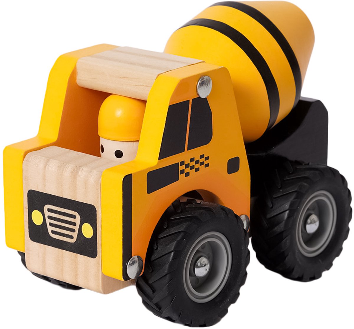Speelgoedtopdeals - Houten Betonmixer geel - Speelgoedauto voor kinderen - Rubberen wielen