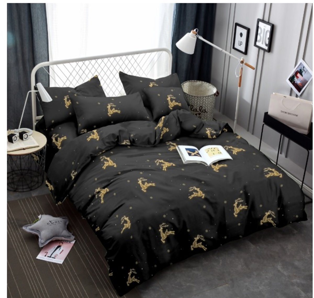 Kerst beddengoed van synthetisch katoen met rendieren - Merry Christmas - Kerst - 160 cm x 200 cm - Dekbedovertrek met 2 kussenslopen