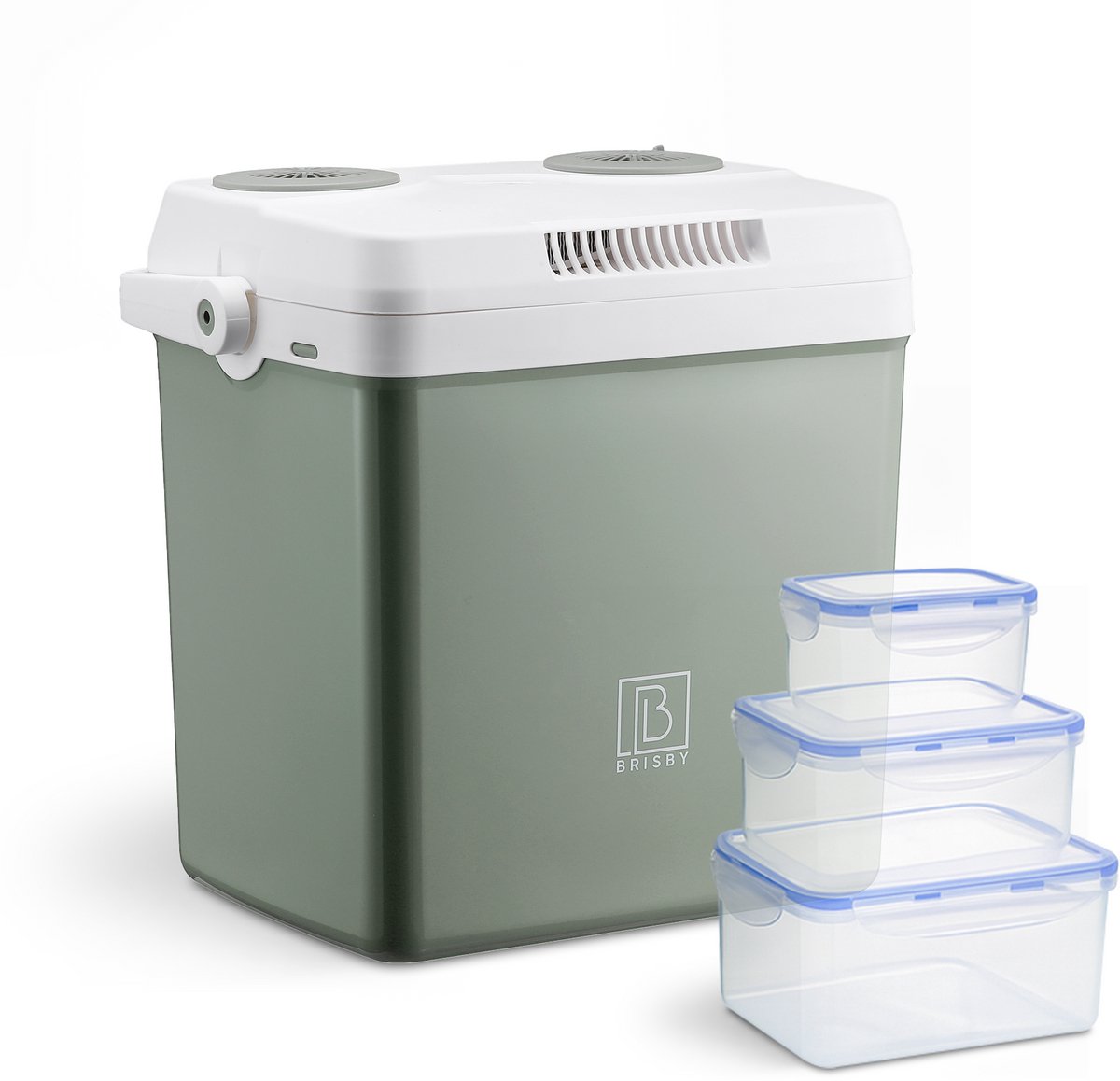 Brisby 25 Liter Elektrische Koelbox Frigobox Deluxe met 12V 220/230 Volt Aansluiting voor Auto en Camping – AC/DC - Coolbox - Divider en Deksel vergrendelstand - GROEN