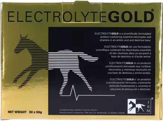 Gouden doos met 'ELECTROLYTEGOLD' en een paardensilhouet, net-gewicht 30 x 50g.