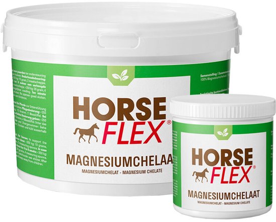 Twee potten HorseFlex Magnesium Chelaat, een grote en een kleine, met groen en bruin label.