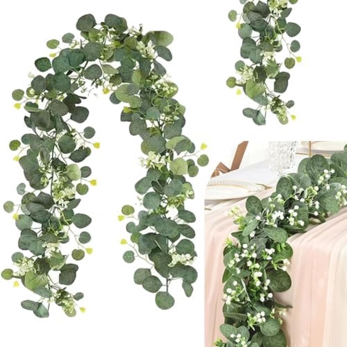 PromoHome 2 stuks kunstmatige eucalyptus slingers 180cm met wilgenbladeren en witte bloemen - Groene hangplant decoratie voor bruiloft, home decor, feest en evenementen