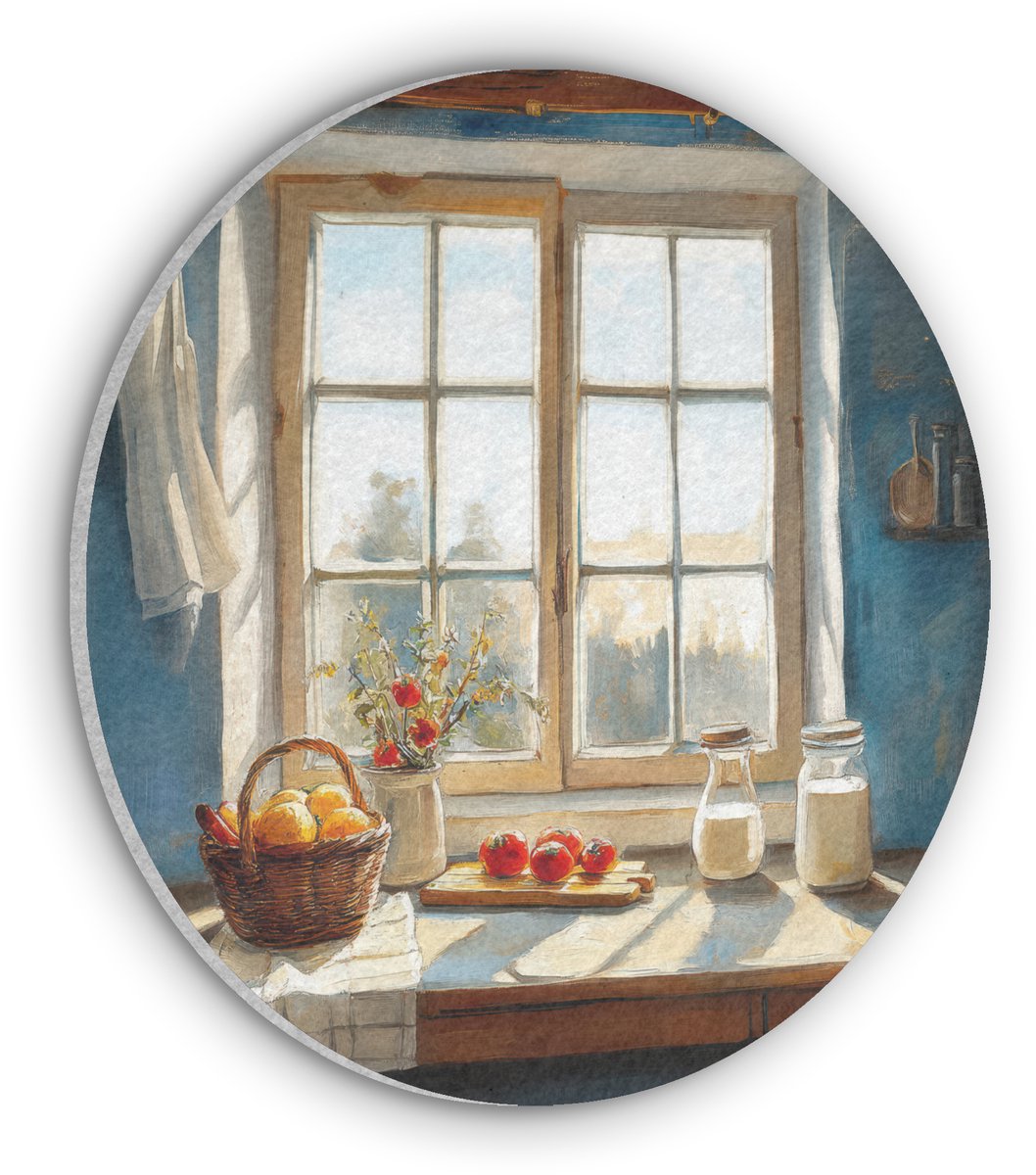 Akoestisch wandpaneel rond 30x30 cm - Vilt schilderij Stilleven - Keuken - Doorkijk - Vintage - Ronde akoestische panelen - Geluidsdempende wanddecoratie - Geluidsisolatie wandcirkel - Muurdecoratie geluidspanelen