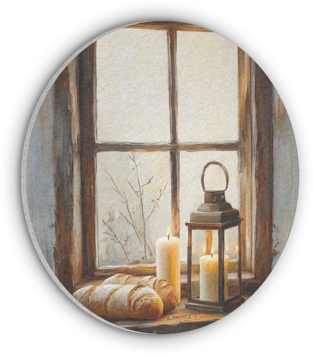 Akoestisch wandpaneel rond 30x30 cm - Vilt schilderij Stilleven - Rustiek - Kaarsen - Broden - Raam - Ronde akoestische panelen - Geluidsdempende wanddecoratie - Geluidsisolatie wandcirkel - Muurdecoratie geluidspanelen