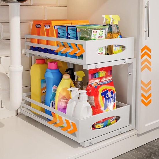 Organiseur de cuisine Posity - Organiseur de meuble d'évier - Organiseur de comptoir - Étagère de rangement - Organiseur de salle de bain - Étagère de cuisine - Extensible - Métal - Wit