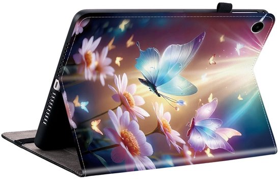 Tablethoes met een print van een blauwe vlinder bij bloemen en zonnestralen, staand op een zwarte standaard.