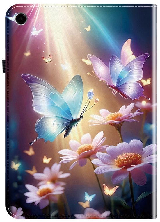 Tablethoes met een print van blauwe en paarse vlinders, witte bloemen en zonnestralen.