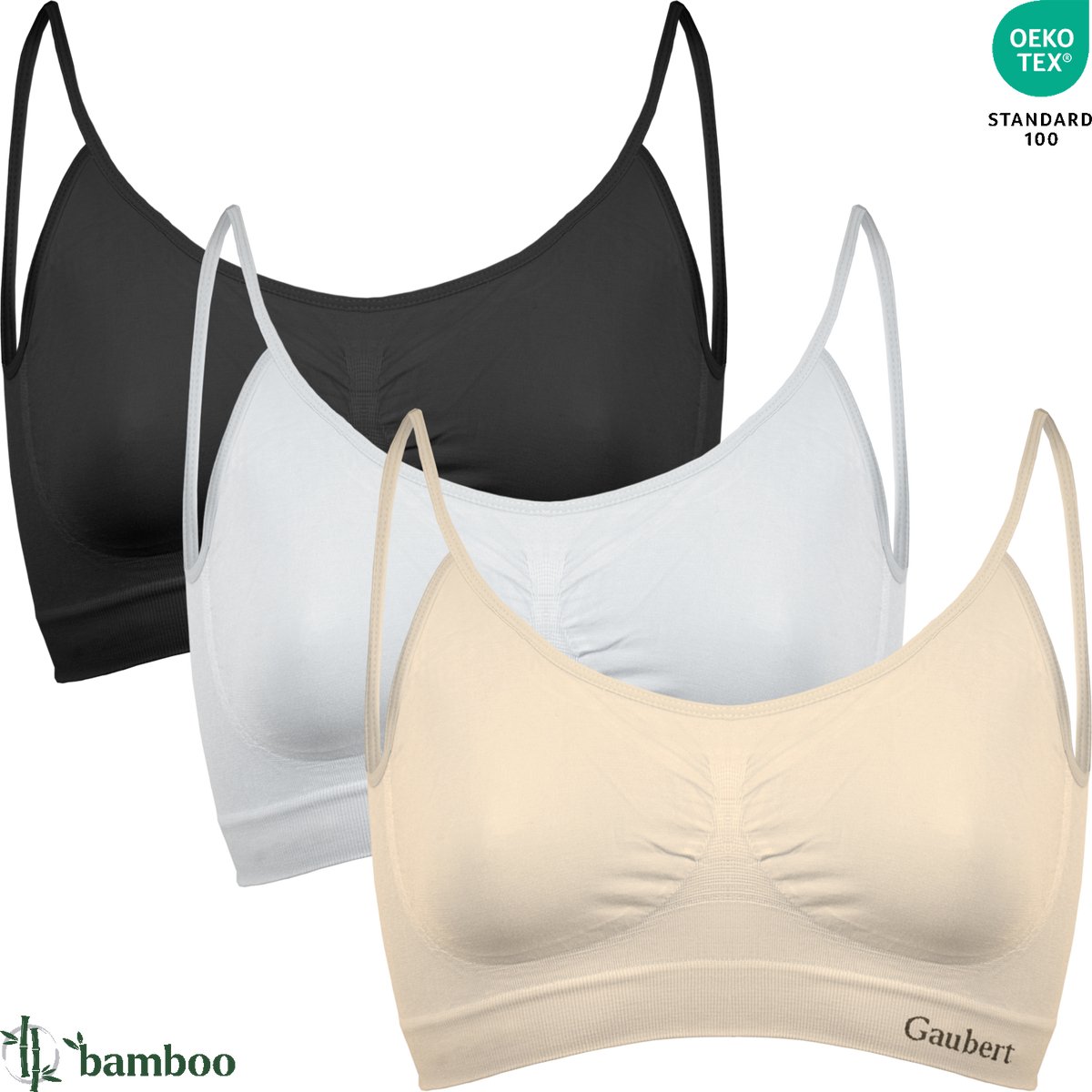 3-Pack Naadloze Bamboe Comfort BH Top - Zonder Beugel - Verstelbare Spaghettibandjes - Bamboe Ondergoed - Zwart Wit Beige - Maat S/M - GBTW-3105-Mix-1