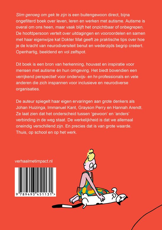 Boekomslag met de titel "Slim genoeg om gek te zijn" en een illustratie van een vrouw en een kat.