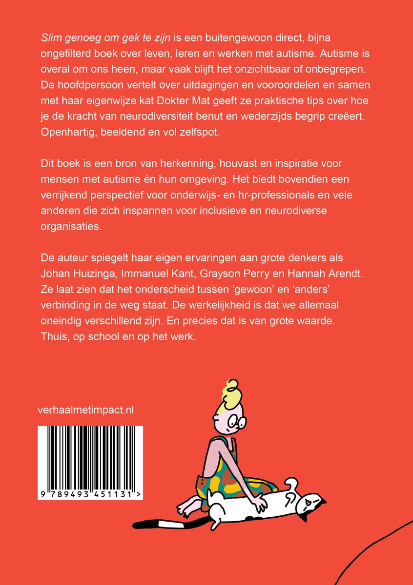 Boekomslag met de titel "Slim genoeg om gek te zijn" en een illustratie van een vrouw en een kat.