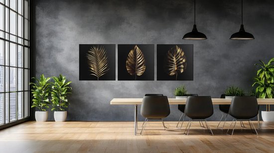Triptyque Feuilles Dorées – Peinture sur Toile – Décoration murale Élégante – Art Moderne 3 Pièces – Intérieur de Luxe – 3x40x40 cm