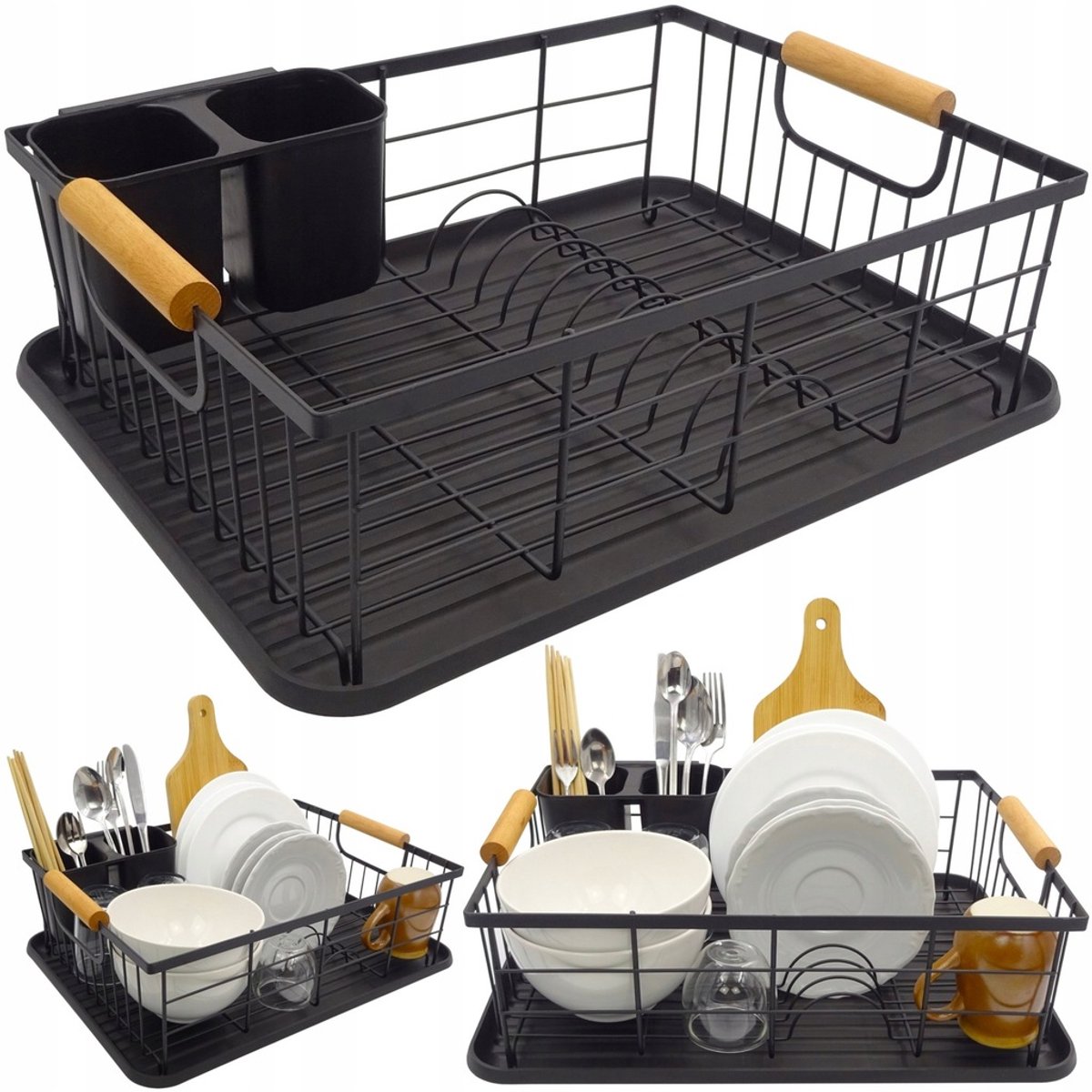 Zwarte Afdruiprek voor Keukengerei met Lade - 44x32x13.7cm