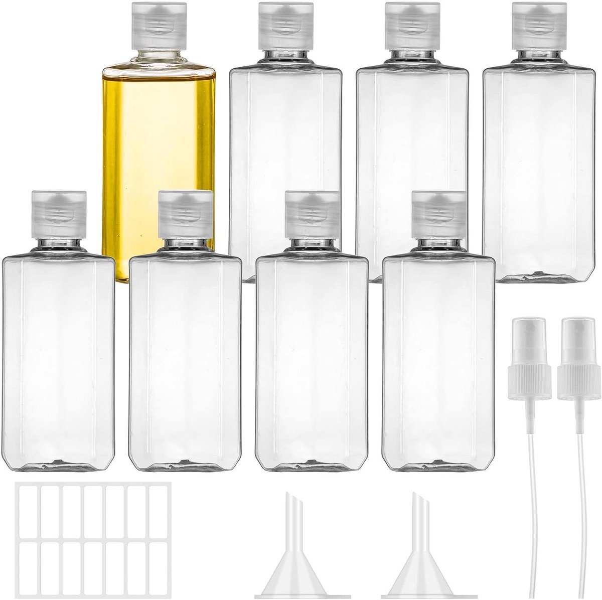 Image of 8 delige reisflessen set - 100ml plastic fles met flip cap, transparante lege cosmetische reiscontainer inclusief sprinkler, trechter en label - ideaal voor air travel shampoo, conditioner en lotion