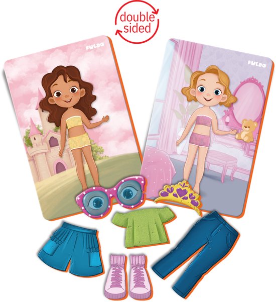 Mixy Pixy magneetspel met twee speelkaarten van meisjes en diverse kledingstukken.