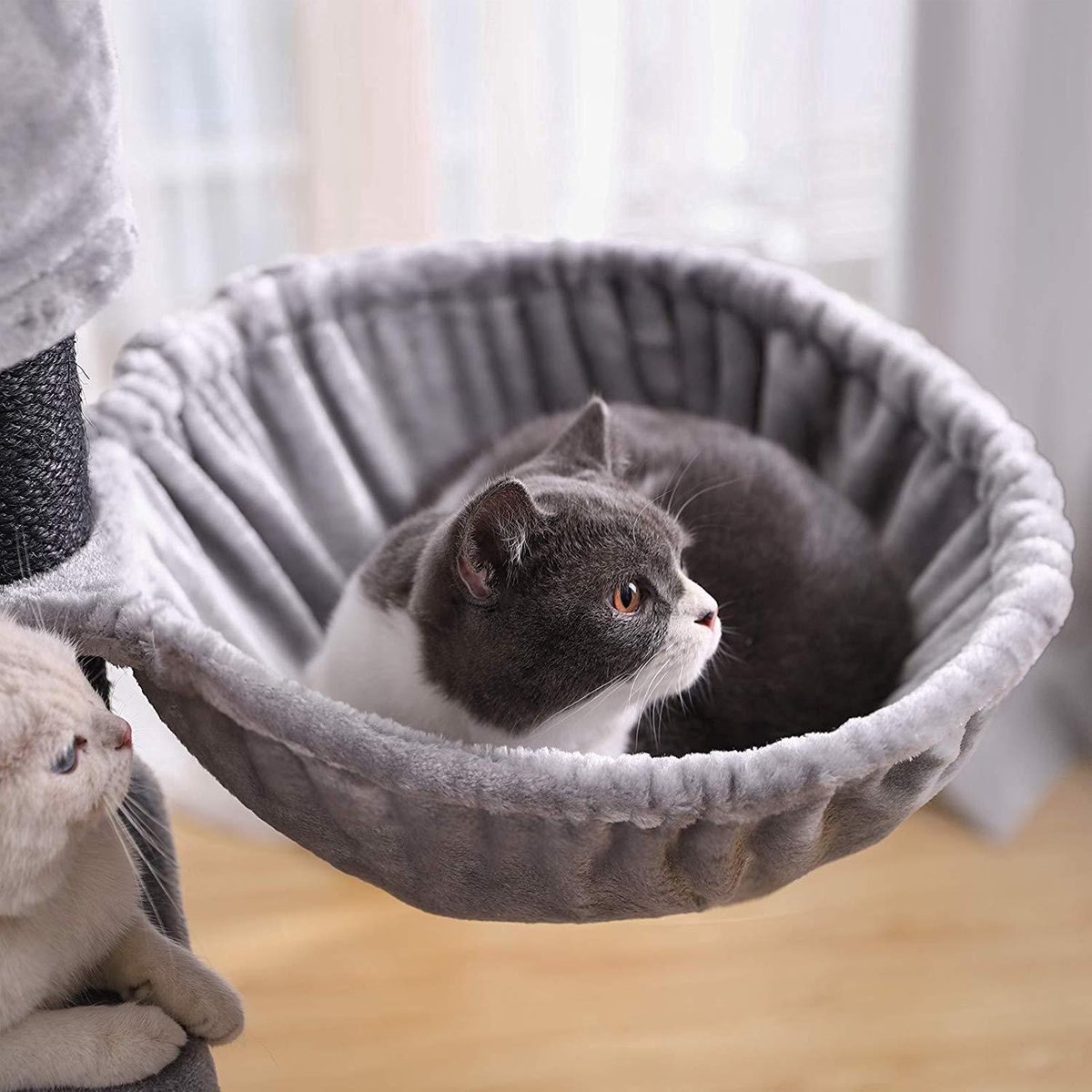 NaevaMi Krabpaal Voor Katten - Krabpaal Voor Grote Katten - Krabpaal Kat - Luxe Kattenhuis -Groot Platform - Knuffelgrot - Kattenmand - Kantelbescherming - 141cm hoog - Dikke Kolom - Kantelbescherming - Grijs thumbnail 2