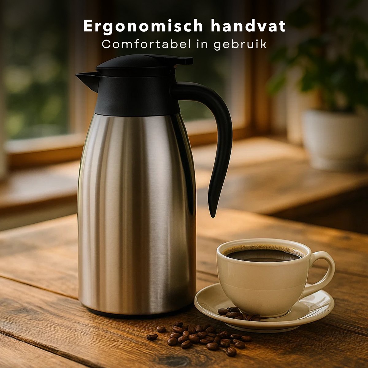 Cheqo® Thermoskan 2 Liter - RVS Thermoskan - Dubbelwandige Thermoskan - Lekvrije Thermoskan - Isolerende Kan - Warme en Koude Dranken - Thermoskan met Handgreep - 1-Hand Bediening - Roestvrij Staal - Thermoskan voor Koffie — cadeau in Koken & Dineren - foto 4
