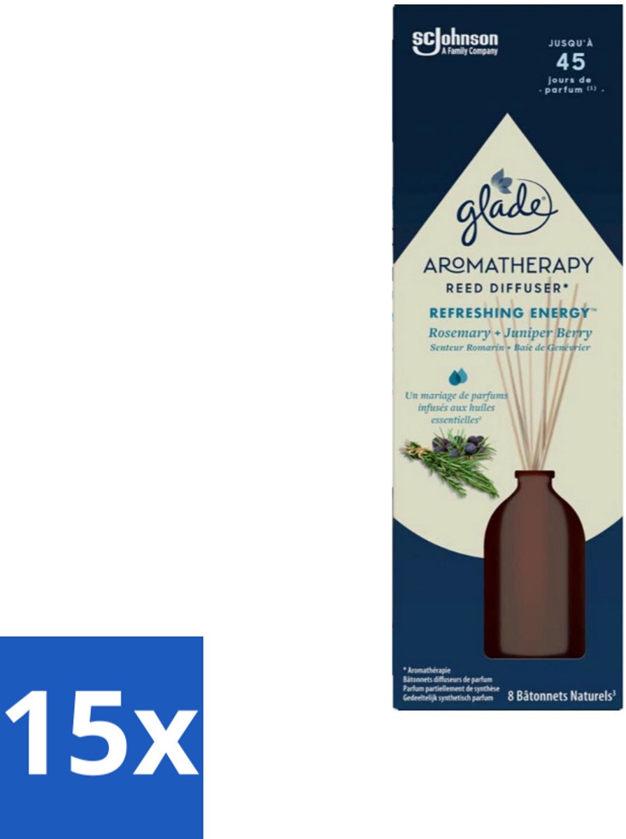 15 x Glade - Geurstokjes Verfrissende Energie - Aromatherapie Geurverspreiding - 80 ml - Aromatherapie - Geurstokjes - Energie - Geurverspreiding - Marokkaanse Rozemarijn