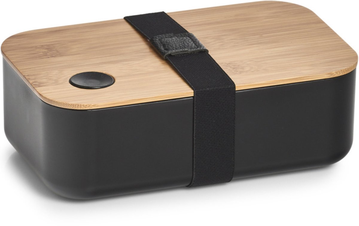 Zeller Lunchtrommel/broodtrommel 2-vaks - zwart/naturel - bamboe - 19 x 7 cm - Lunch/brood meenemen - Trommels/boxen