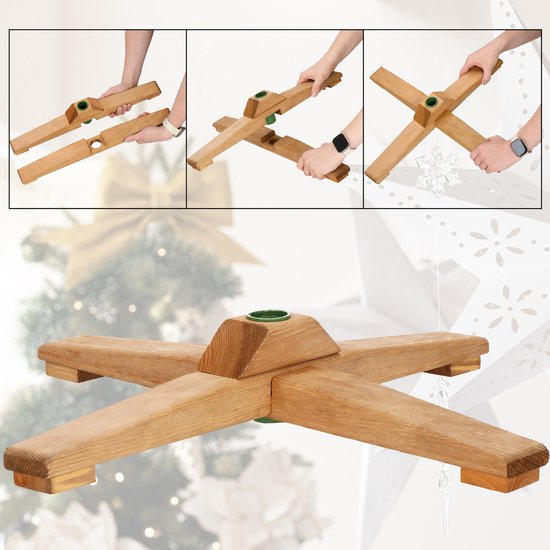 Houten kerstboomstandaard met vier poten, in elkaar gezet.
