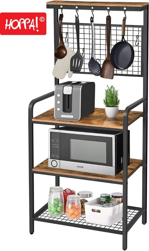 Hoppa! Étagère de boulanger, bar à café, support pour micro-ondes, étagère de rangement haute de cuisine, étagère à épices, marron rustique - 64x40x170 cm (LxPxH)