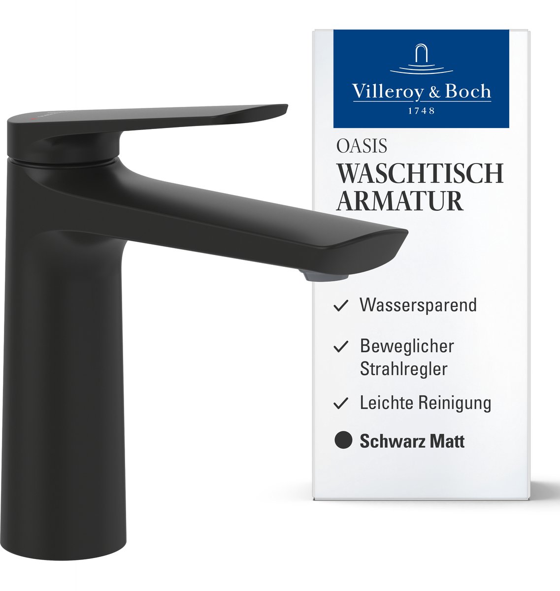 Villeroy & Boch Oasis wastafelmengkraan, waterbesparend, mat zwart, 114mm
