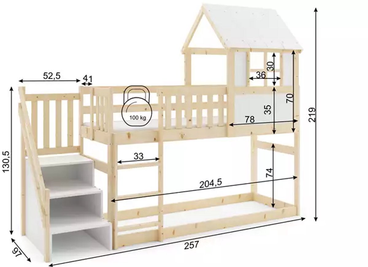 BMS - Bunk Bed - Mezzanine van Natuurhout 90x200 met Trap en Dak