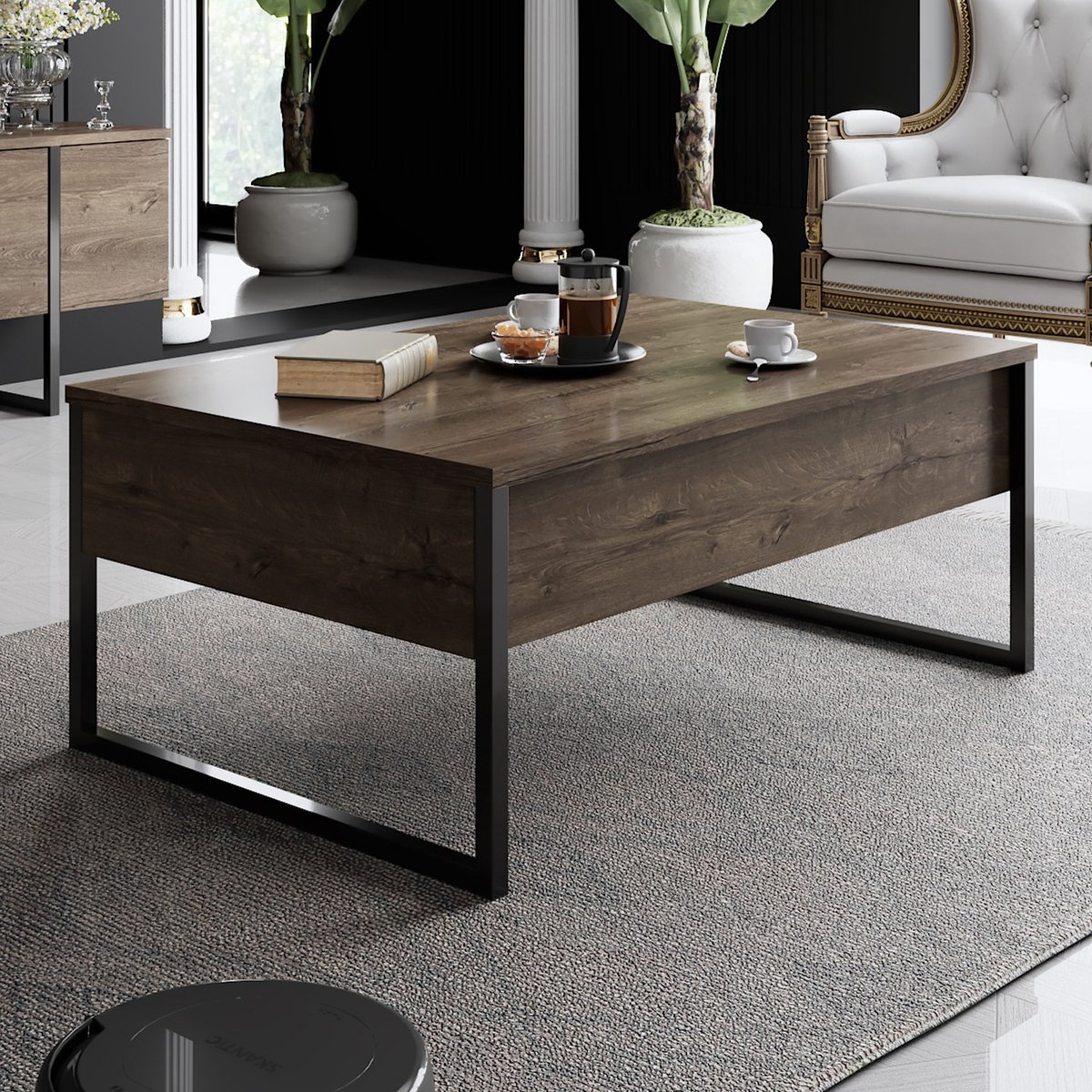 Dimehouse Rechthoekige Salontafel Walnoot Luxe 90x60 - Zwart Frame - 90x60x40 cm - Hout - Modern - Rechthoek