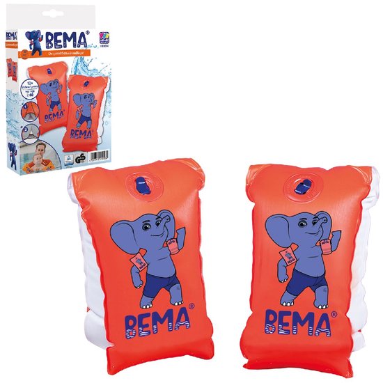 Oranje BEMA zwembandjes met blauwe olifant, naast de verpakking met een jongen en moeder.
