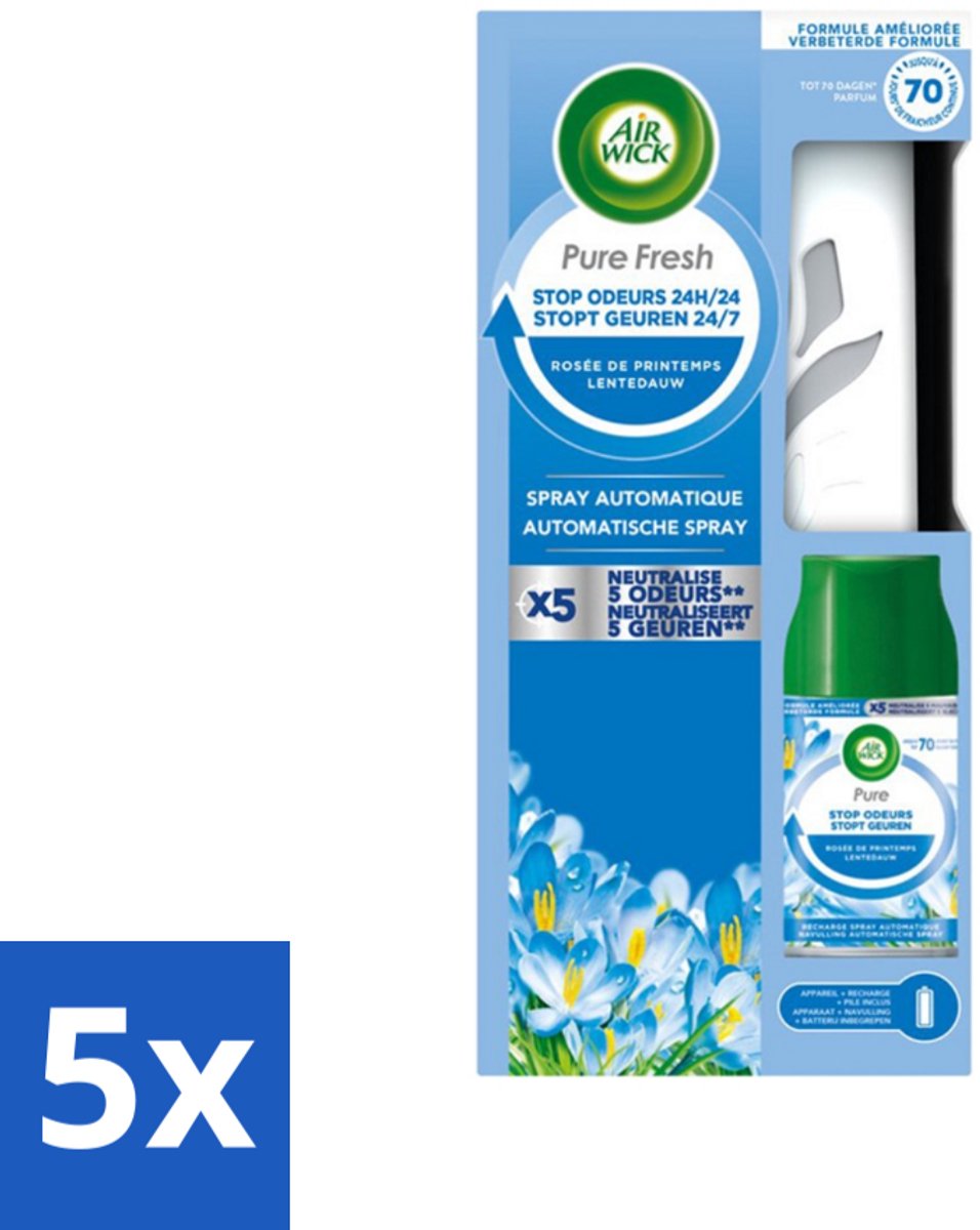 5 x Air Wick - Freshmatic Spray - Starterkit - Pure Fresh Lentedauw - 250 ml - Automatische Geurverneveling - Lentegeur - Frisse Geur - Luchtverfrisser - Geurverspreiding