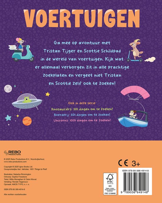 Achterkant van het boek 'Voertuigen'. Met illustraties van muizen op een scooter, een geit, een vliegende schotel en een boot. Tekst over de serie en de 3+ leeftijdsindicatie.