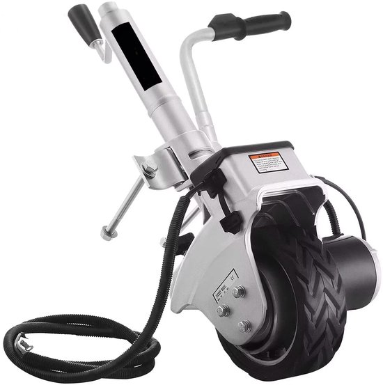 Motorisé neuswiel met zilverkleurig frame, één groot zwart wiel en een zwarte kabel.