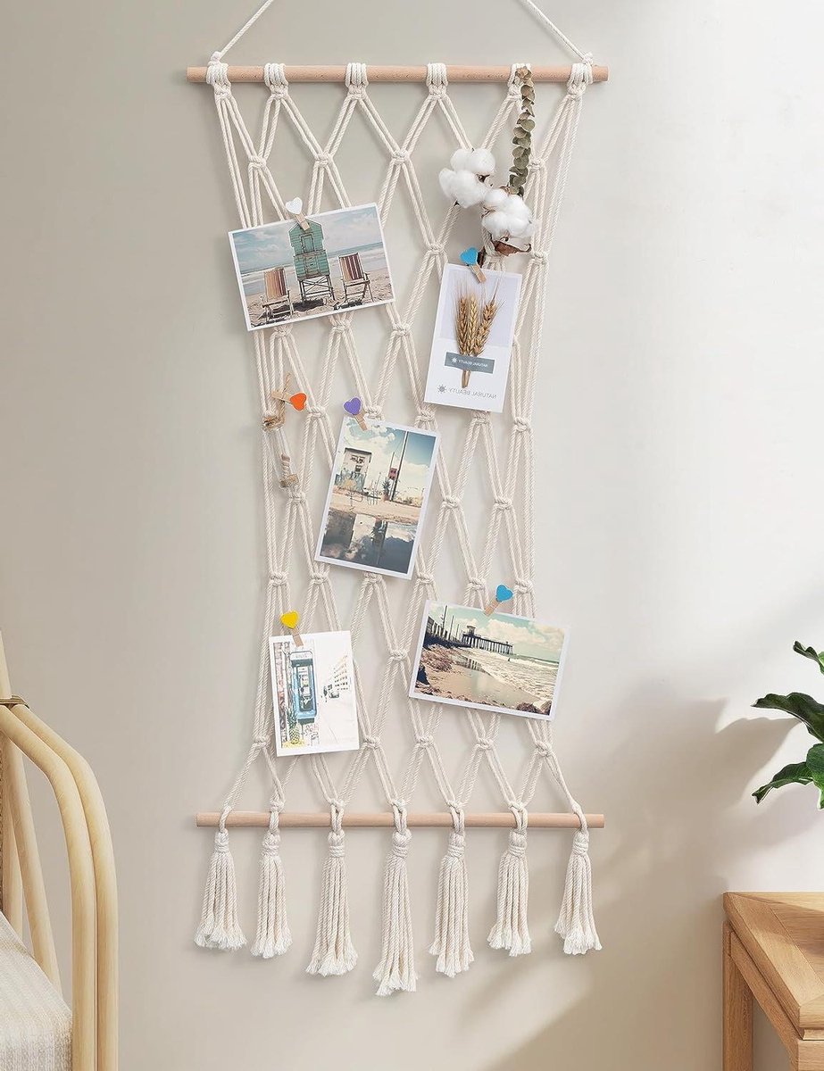 Allecto Plus - Zwevend wandrek van natuurlijk drijfhout met macramé decoratie voor woonkamer - Boho stijl met handgeweven kwast - Ideale wanddecoratie voor fotowand - Chic design met zwevende planken - Houten wandbehang plank