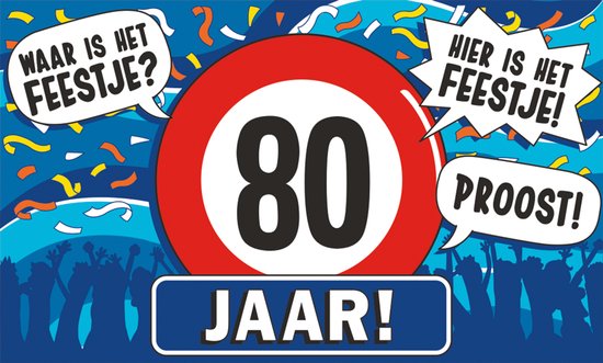 Foto: Q2p 80 jaar gevelvlag 150 90 cm xxl verjaardag versiering vlaggenlijn binnen buiten vlag