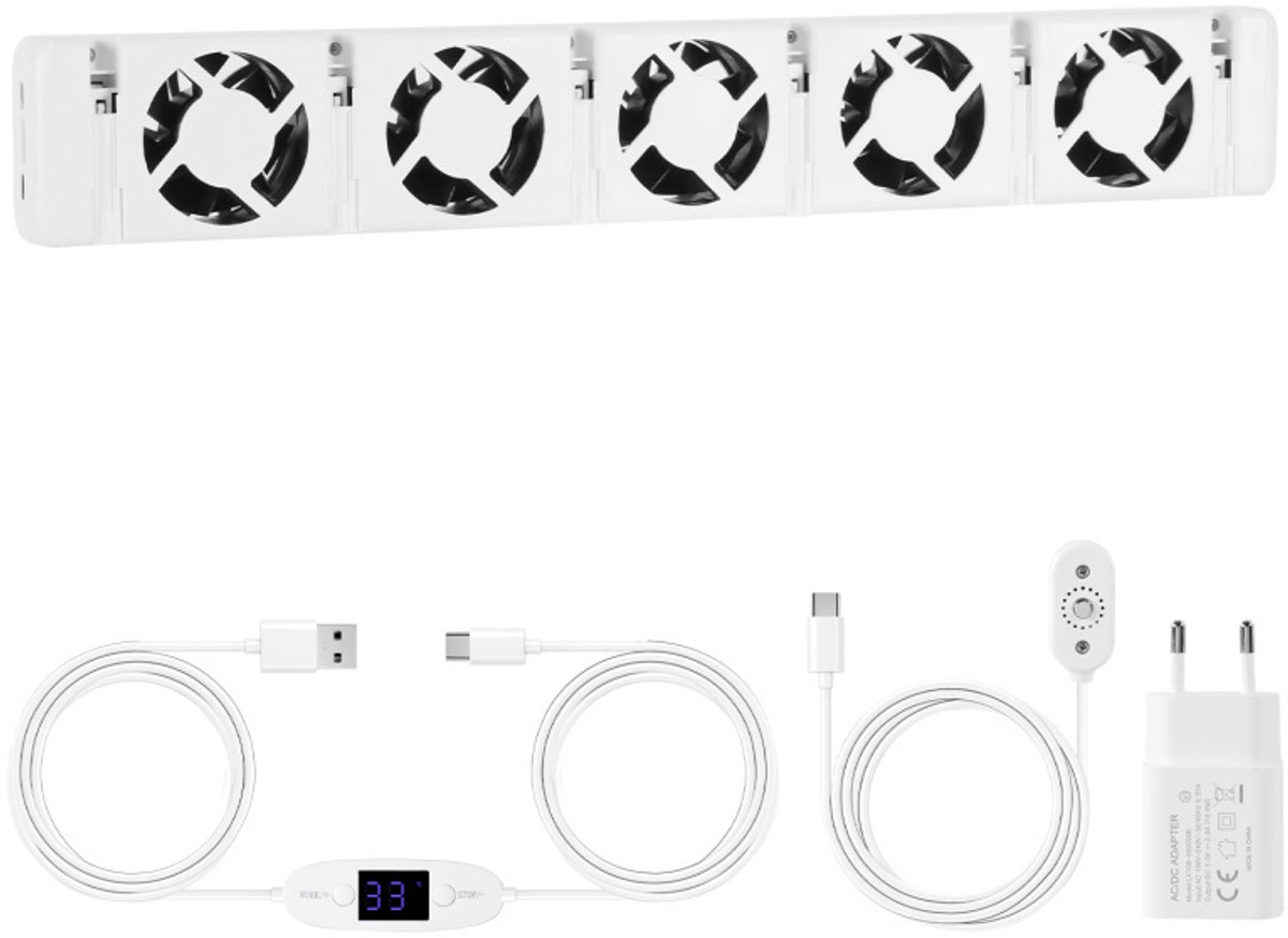Vijf windopeningen -Radiator ventilator Mono set - Digitaal display - Instelbare temperatuurinstelling - Energiezuinig - Geschikt voor bijna alle typen radiatoren - Verwarming ventilatie