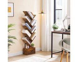 Tree-Shaped Bookcase with Drawer – 9 Tier Standing Rack – Freestanding Book Tower Shelf for Books, DVDs & Decor – Vintage Brown