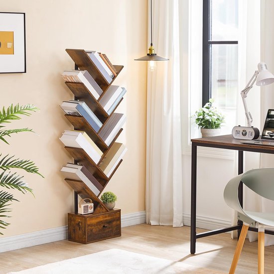 Tree-Shaped Bookcase with Drawer – 9 Tier Standing Rack – Freestanding Book Tower Shelf for Books, DVDs & Decor – Vintage Brown