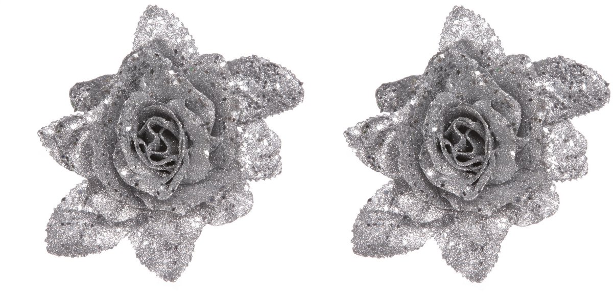 Cosy & Trendy Kerstboomversiering Bloemen - 2x - 10 cm - zilver glitter - op clip - ornament - roos