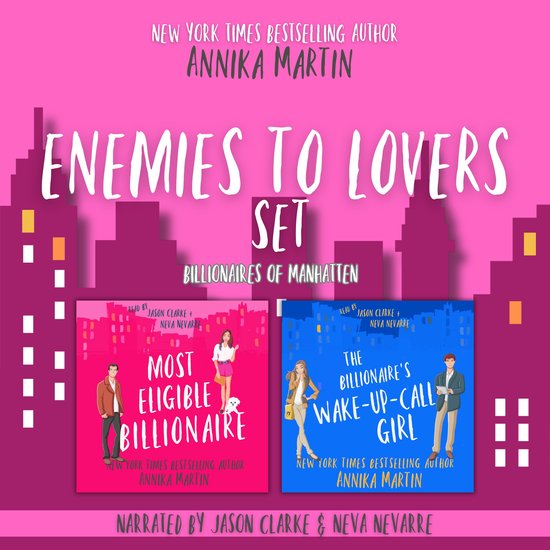 De 'Enemies to Lovers Set' van Annika Martin, met de boeken 'Most Eligible Billionaire' en 'The Billionaire's Wake-Up-Call Girl'. Rechts een blauwe cover met tekst. Links een roze cover met tekst.