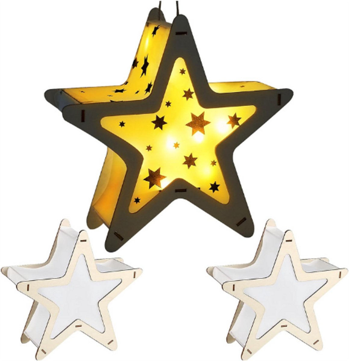 2 Stuks Houten Knutselset Mini Lantaarns Met Sterren - DIY Lantaarn Maken Met Zijdepapier Voor Kinderen - Creatief Schilderproject Voor Halloween En Kerstmis - Cadeauset Voor Knutselen En Versieren