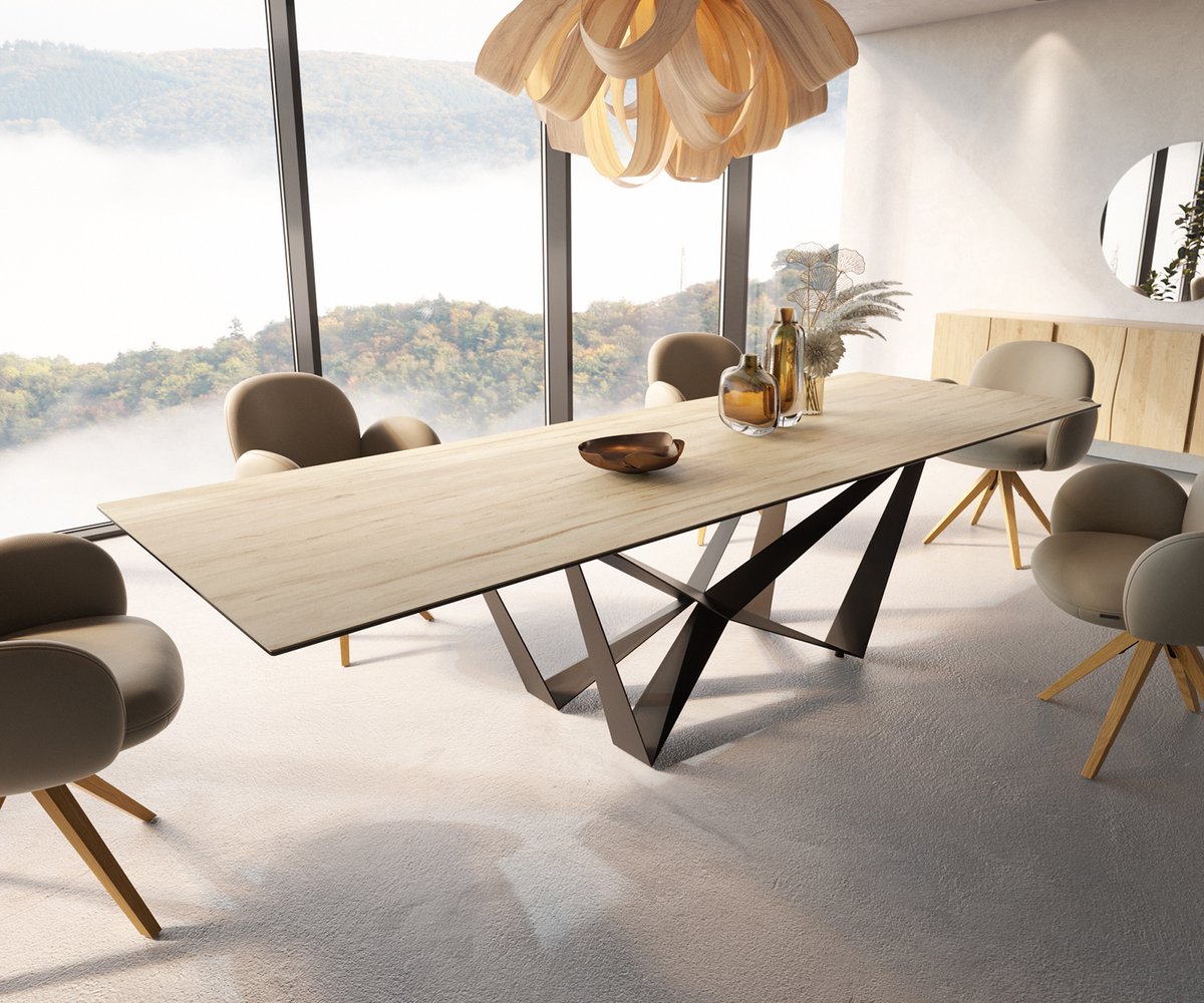 DELIFE Eetkamertafel Edge keramiek Laminam Sabbia eiken kleur 300x100 spider vlak staal zwart